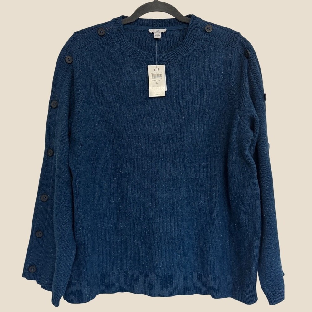 J Jill New Large Cotton Blue Speckled Knit Sweater Button Detail Crew Neck